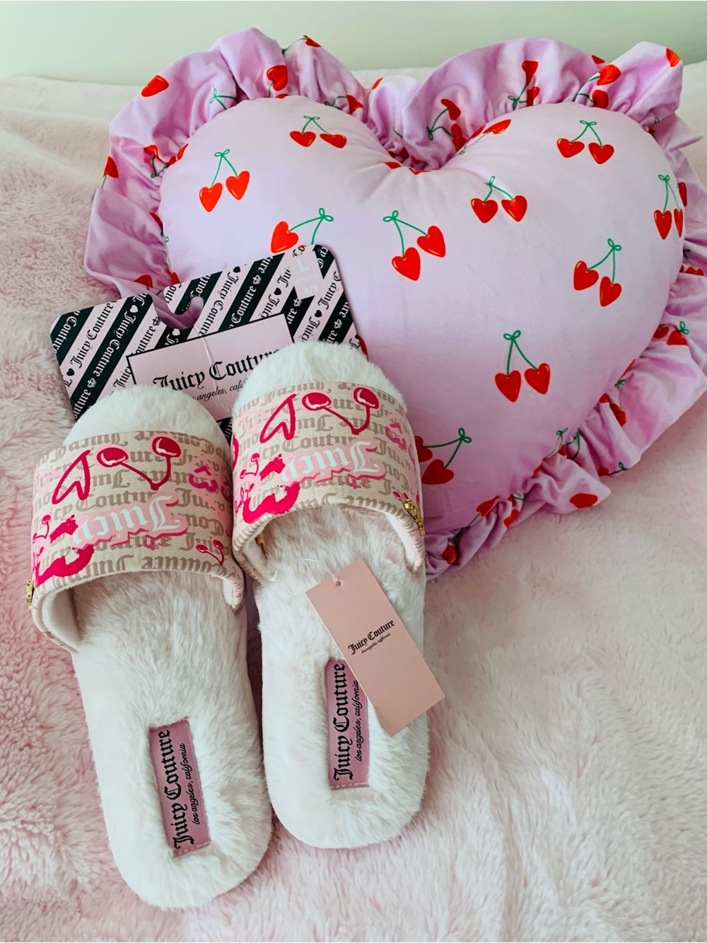 Juicy Couture Faux Fur Slide Slippers Blush Fuchsia Cherry Pop Large 8-9 Y2K
